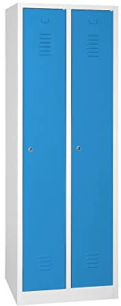 Schrank & Stuhl Spind – Metallspind mit 2 Abteilen, Schließfachschrank mit Hutboden, 30 cm Abteilbreite, Lieferung komplett montiert (Grau/Lichtblau, mit Zylinderschlössern)