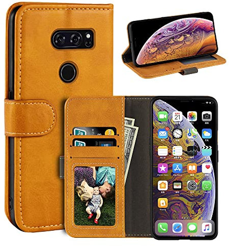 MILEGAO Schutzhülle für LG V30, magnetisch, PU-Leder, Brieftaschen-Stil, Business-Handyhülle, modische Klapphülle mit Kartenfach und Ständer, für LG V30+ 15,2 cm (6 Zoll), Hellbraun / Gelb