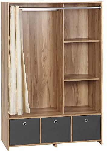 HOMCOM Armadio Guardaroba in Truciolato con Guida per Appendere, 3 Cassetti in Tessuto Effetto Lino e 3 Ripiani, 105x48x160 cm, Color Legno