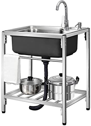 Freistehende Spüle aus Edelstahl für die gewerbliche Küche mit Wasserhahn und Ablageflächen, Wäschewanne mit Einer Schüssel für Innen- und Außenküche, Restaurant, Garage