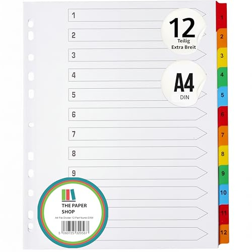 The Paper Shop Register für Ordner A4+ Extra Breit - 12-teilig Nummeriert (1 Pack) | Trennstreifen & Unterteiler für Ringordner | Extra Breite Trennblätter Büro Schule - 12 Stück
