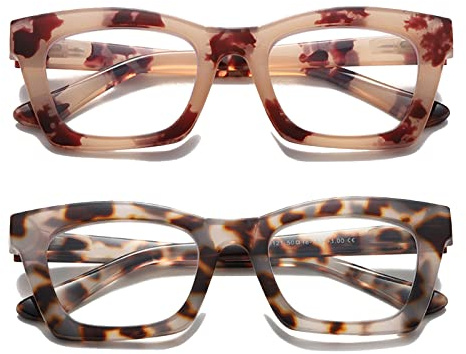 Hubeye Gafas de lectura para Mujeres de Moda Anteojos de lectura con Bisagra de resorte ultraligeras anti luz azul (Leopardo rosa+Leopardo gris claro, 2.50)