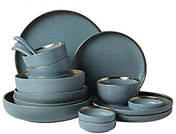 32-Piece Dinner Set Matte Blues Kitchen Crokery Set Porcelain Dinnerware Combination Sets With Dinner Plate,Dessert Plate,Bowls,Saucers