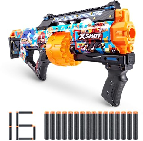 X-Shot Skins Last Stand Blaster – Moderna Sonic Skin di ZURU Sonic The Hedgehog Design con 16 freccette, Slam Fire Action, tecnologia Air Pocket Dart, giocattolo in schiuma per bambini,