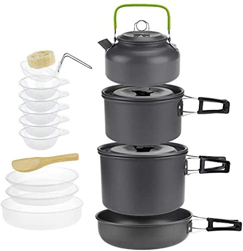 YZJSSL Kochgeschirr Pfannen Camping Kochset Camping Kochfeld Set Set Aluminium Camping Kochgeschirr Set für 4-5 Personen, tragbarer Outdoor Pan Pot und Wasserkocher Geschirr - Picknick