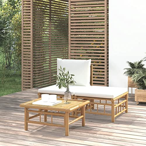 Tidyard 3-TLG. Garten Lounge Sofa, Balkonlounge, Terrassensofa, Garten Sitzgruppe, Outdoor Sofa, Garten Möbelsets Bambus, Kissen, Creme