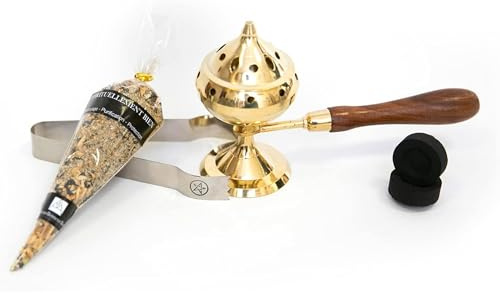 Weihrauchbrenner aus Bronze mit Holzgriff + 10 Kohle + 1 Zange + 1 Set SpiritualiBien Harz Räucherstäbchen Große Reinigung - Reinigung - Esoterisches Geschenk (Geist)