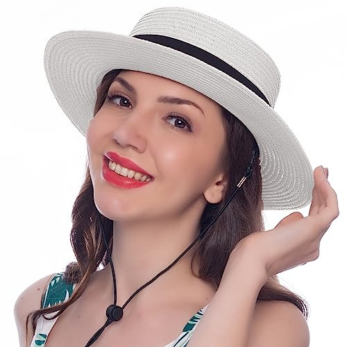 HEYANN Damenhut Sommer, 57-58cm Strohhut Damen Krempe Sonnenhüte Panama Strohhut Hut Herren Damen Boater Hut Faltbarer Strandhut mit weichem Rand Damenhut für Urlaub(Weiß-L)