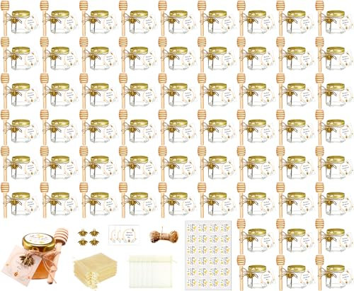 Adabocute 60 Pack Mini Hexagonal Honey Jars with Dippers - Elegant Glass Jars with Gold Lids, Wooden Dippers, Jutes, Bee Charms, Beige Bags - Perfect Party Favors for Baby Showers, Weddings Showers