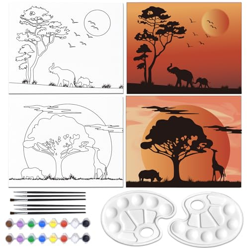 WEBEEDY 2 Pack Pre Drawn Canvas Painting Kit Ready to Paint, Sunset Tree | Paint and Sip Kit for Adults, Stretched Canvas Painting for Couple's Date Night, Birthday Gift, Home Decor, 20x25cm