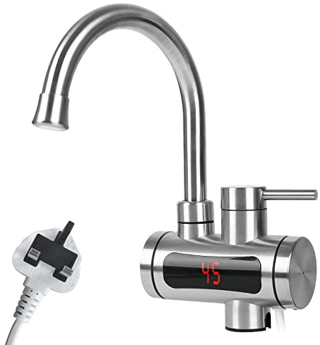 Instant Hot Water Heater 3000W, Fast Heating Tap Faucet 360°, Hot Water Tap with LED Display for Kitchen Bathroom, British Plug (Silver-A)