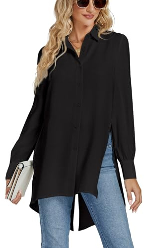 LYANER Women's Collar V Neck Split Hem Button Down Long Sleeve Long Shirt Blouse Tunic Top Black Medium