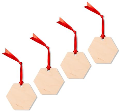 Smartphoto Personalisierte Holzdekoration mit rotem Band zum Aufhängen - Dekoration mit Foto Ihrer Wahl - Geschenkidee Weihnachten, Kommunion - sechseckige Form - 4 Stück