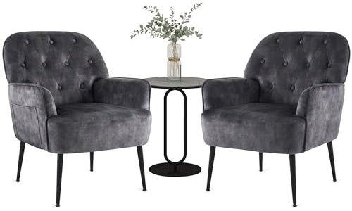 IWMH Sessel Wohnzimmer Schlafzimmer, Lazy Lounge Cocktailsessel Bequemer mit Armlehnen und Einer Seitentasche, Samt Modern dreh Polster Lesesessel mit Metallbeinen (Grau*2)