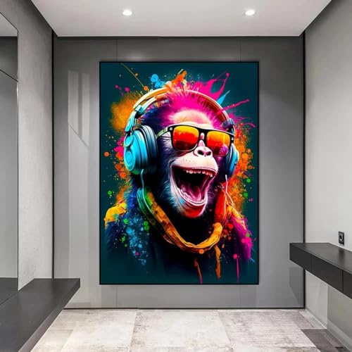 JACBON Street Pop Art Animaux amusants Singes portant des écouteurs Affiches Impressions Poignées de jeu Peinture sur toile Art mural pour la décoration intérieure 60x80 cm sans cadre