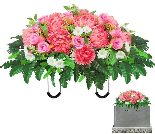 Iarxoxt Grabsteinblumen - Künstliche Friedhofsblumen für Grab, künstliche rosa Rosen und Chrysanthemen gemischt - Einfach zu installierende Friedhofsblumen für Grabsattel