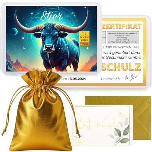 Goldschulz Goldbarren 1g 1 Gramm Motivbox - Sternzeichen Stier - Geschenk + Echtheitszertifikat