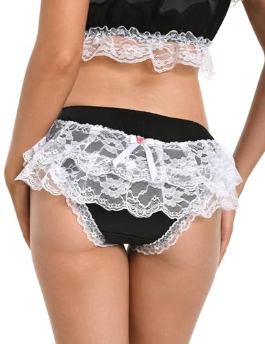 Satini Satin Ruffle Lace Panties | Smooth Silky Fabric, Frilled Trim Detail, Rose and Bow Accent, Wide Comfort Gusset, Sizes S-XXL