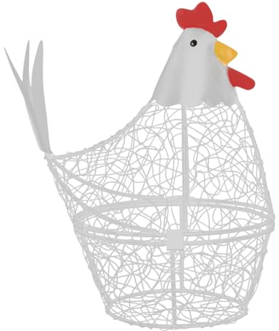 Amosfun Egg Storage Basket Iron White 26.00X25.00X12.00cm | Iron wire basket, white hen design, multi-use for eggs, fruit, and vegetables, kitchen countertop storage.