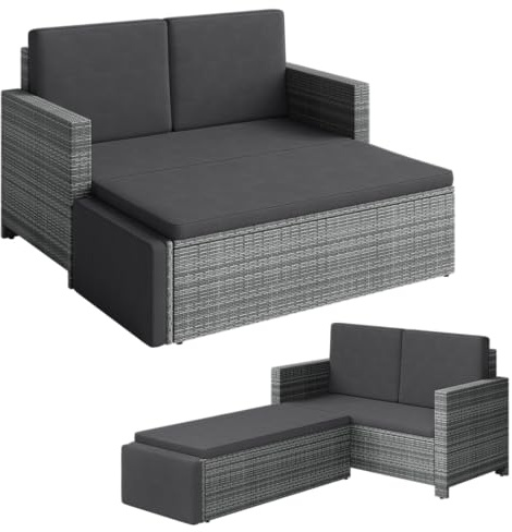 STEELSØN Elnath Gartensofa 2-Sitzer – Rattan Gartenlounge Grau/Anthrazit – Sitzgruppe mit Hocker – Loungebett für Balkon/Garten/Terrasse – Outdoor Sofa Set mit Polster – Balkonmöbel wetterfest