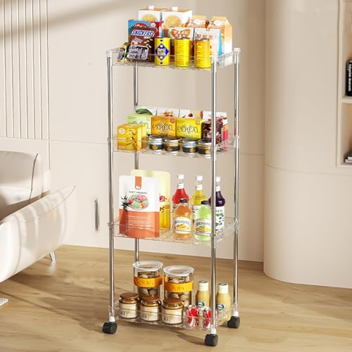 Verstellbarer schlanker Aufbewahrungwagen 4-Etagen (Breite 14–20 cm), rollbarer Trolley Utility Cart, mobiler Organizer-Regal für Badezimmer, Küche, kleine Räume, Wäsche und Kommoden. (transparent)