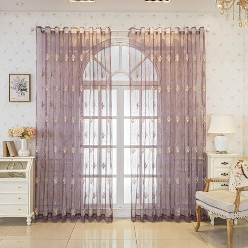 Bishilin Vorhänge mit Ösen 2er Set, Gardinen Lichtdurchlässig Lila Landhausstil Stickerei Blumen Motiv 137x244CM Vorhänge Halbtransparent Wohnzimmer Schlafzimmer Kinderzimmer