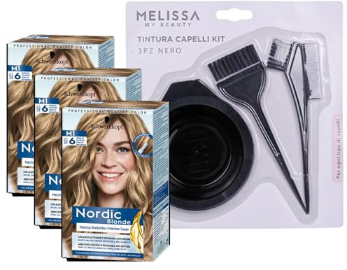 SET PER TINTA: 3x Nordic Blonde, Schiarente Intensivo, Meches Ultra M1, Senza Ammoniaca, Anti Giallo, 6 Livelli di Schiaritura, Più In Omaggio Kit Per La Tintura Dei Capelli, Set Da 3 Pezzi