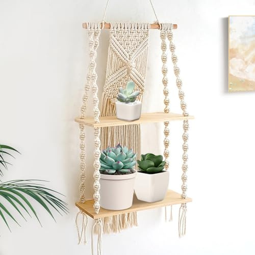 Lieson Wandregal Holz Boho Makramee Wandbehang Deko Regal Wand Doppelschicht Schweberegal Quasten Handgewebte Natürliches Treibholz Hängeregal Für Wohnzimmer Schlafzimmer Badezimmer