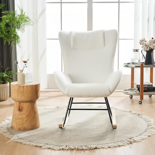Stilvoller, einfacher Schaukelstuhl, Lesestuhl mit breiter Rückenlehne und Armlehnen, Gleitstuhl mit ergonomischem Design, Schaukelbeine aus massivem Holz, Geeignet für Schlafzimmer(Color:Weiß)