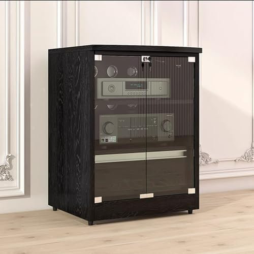GUAWJRZDP Audio Rack Hi Fi Regal mit Stauraum, Phonoschrank Mit Verstellbaren Regalen, Plattenspieler Regal mit Glastüren, Holz Hi Fi Regal mit Klappdeckel(Nero,2-Tier)