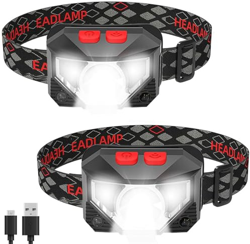 Xrten 2Pcs Linterna Frontal LED Recargable, Linterna de Cabeza Linterna Frontal Led Alta Potencia, Superbrillante con Luz Roja Blanca, Linterna Cabeza Ajustable IPX5 Impermeable para Acampar
