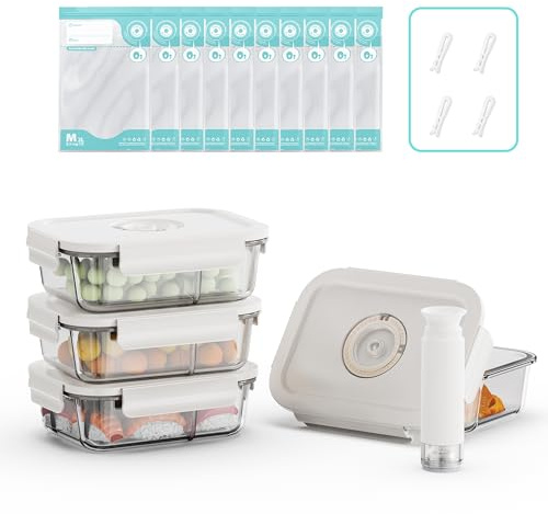 Annalocker Vakuum Starterset Vorratsdosen Glas 4er Set, mit deckel Vorratsbehälterset,kühlschrank organizer,meal prep gläser - luftdicht mikrowellengeschirr BPA-frei (L)