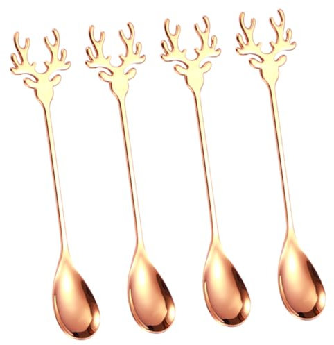 FONDOTIN 4pcs Elk Handle Stainless Spoons Mixing Spoons for Tea Espresso and Desserts Safe and Smooth Edges for Boys and Girls for Iced Tea and Yogurt