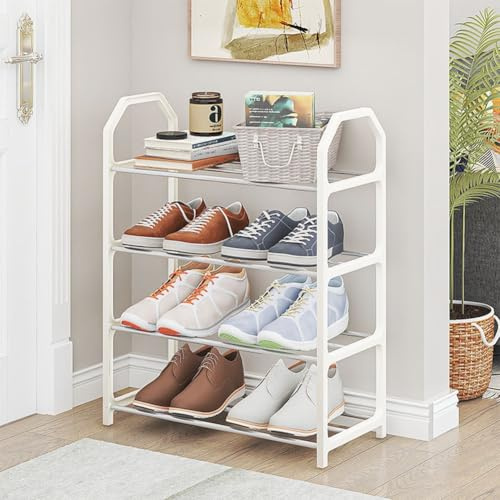 Schuhregal mit 4 Etagen, Metall-Schuhaufbewahrung, schmal, stapelbar, kleines Schuhregal für Schrank, Flur, Schlafzimmer (weiß)