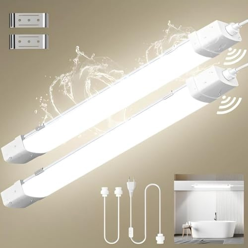 Viugreum 2er Feuchtraumleuchte Led mit Bewegungsmelder 120CM,40W 6500K Led Röhre, Verknüpfbar Led Feuchtraumleuchte,Wasserfest IP66 Werkstattlampe LED Wannenleuchte für Garage Büro,4000LM neutralweiß