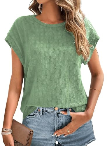 Chicrise Camisetas Manga Corta Mujer Verano Cuello Redondo Blusa Manga De Murciélago Elegantes Casual Basica Top Gris Verde Pequeño 34-36