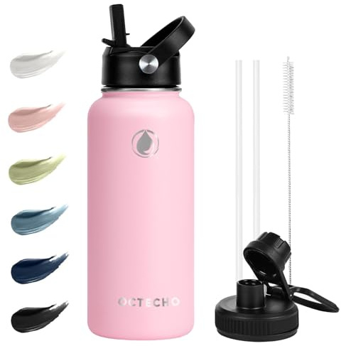 OcTecho Metal Water Bottle with Straw, 950ml Stainless Steel Water Bottle 2 Leakproof Lids, BPA Free Double Walled Vacuum Insulated Water Bottles Thermal for 12h Hot & 24h Cold,for Man,Woman-Pink