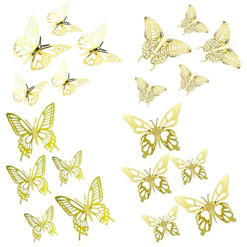 12 decorazioni a forma di farfalla, 3D, decorazione da parete, per soggiorno, cameretta dei bambini, matrimonio, festa (oro)