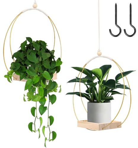 mumisuto 2 Stück Hängeblumentopf,Makramee Blumenampel mit Hölzernen Basis,Hängende Blumentopf Hängetopf für Pflanzen,Hängende Blumentöpfe für Innen,Hängende Pflanzgefäße mit Aufhängehaken (Gold)