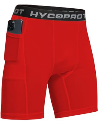 HYCOPROT 1 or 3 Pack Mens Compression Shorts with Phone Pockets Spandex Sports Underwear Athletic Performance Base Layer Shorts Quick-Drying Workout Running Active Tights （Red, M）