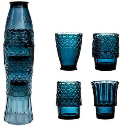 Koi - Set di 4 bicchieri impilabili a forma di pesce, in vetro nautico, per bevande, colore: blu lago