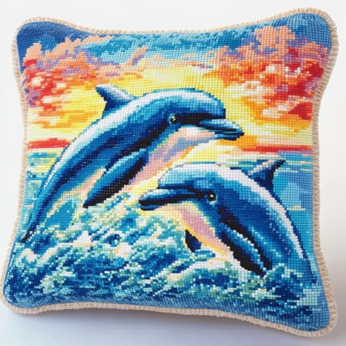 XDEGHUANGSS Kissenbezug Kissen Zum Selber Knüpfen Knüpfteppich Knüpfkissen Knüpfhaken Knüpfset Für Kinder Erwachsene Oder Anfänger Latch Hook Kits 43x43 cm,Paar Delfine