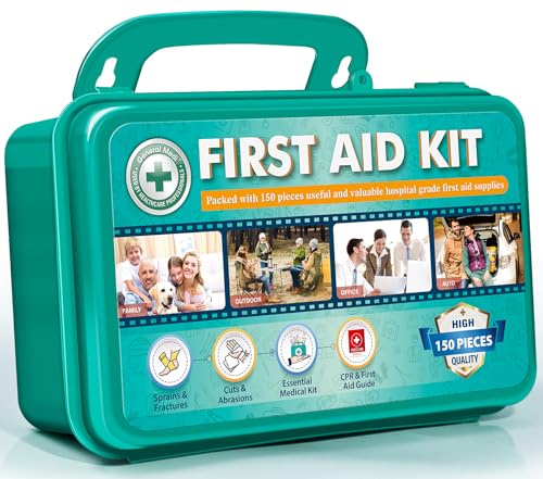 General Medi 150 Pieces Hardcase First Aid Kit - Includes Instant Cold Pack, Emergency Blanket for Travel, Home, Office, Vehicle, Camping, Workplace & Outdoor（Green）
