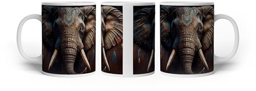 deyoli Taza con diseño de elefante majestuoso, decorada con colores de sabiduría antigua, 300 ml, de cerámica blanca/taza de café/idea de regalo