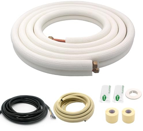 16FT Mini Split Line Set 1/4*1/2 OD HVAC Copper Tube Pipe Extension,3/8 Thickened PE Insulation Coil Air Conditioner Twin Copper Line Heating Equipment Hose with Flared Nuts (16FT (1/4+1/2) with wire)