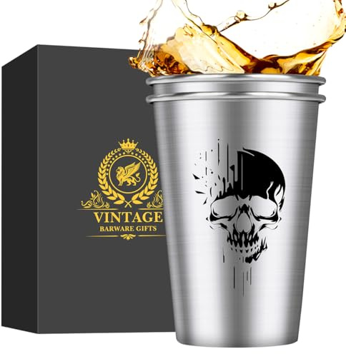 MR.BARWARE Totenkopf Bierglas (0,5l), Totenkopf-Geschenke, Gothic-Geschenk für Männer, Halloween-, Weihnachts-, Geburtstagsgeschenk (Edelstahl, 2er Set)