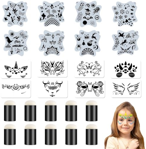 DIFLAX 16 Pezzi Stencil per Tatuaggi, Stencil di Pittura del Viso, Tattoo Stencil Temporanei, Modello Riutilizzabile per Il Trucco per Bambini e Adulti, Halloween, Party, Body Art Pittura