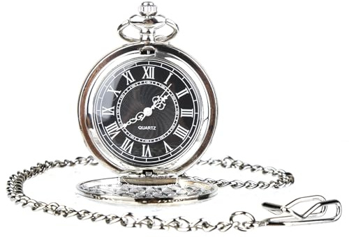GEU Men's Pocket Watch Modern Quartz Watch with Chain Stylish Roman Numerals Fob Watches for Men Classic Gift for Birthday, Anniversary, Valentine's Day, Father's Day, New Year, Silver