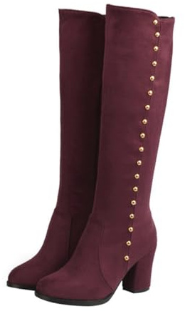 COLLBATH Vintage Högskaftade Stövlar med Rund Tå Grov Klack och Nitar och Bekväma Höst Vinterboots för Kvinnor i Vinrött Mode och Halkfri Design