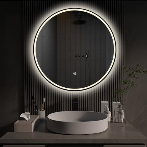 ApeJoy LED-Dekorspiegel rund 60 cm mit schwarzem Rahmen & Memory-Funktion | Wandspiegel mit Touch-Schalter und flexiblem Farbwechsel 2700–6500 K für Schlafzimmer, Flur, Ankleide und Gäste-WC